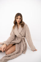 Sensis Blair Cozy Robe in Oatmeal with long sleeves and relaxed wrap-front design