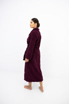 Sensis Rosira Burgundy women's long plush bathrobe showing mid-calf length and textured fabric