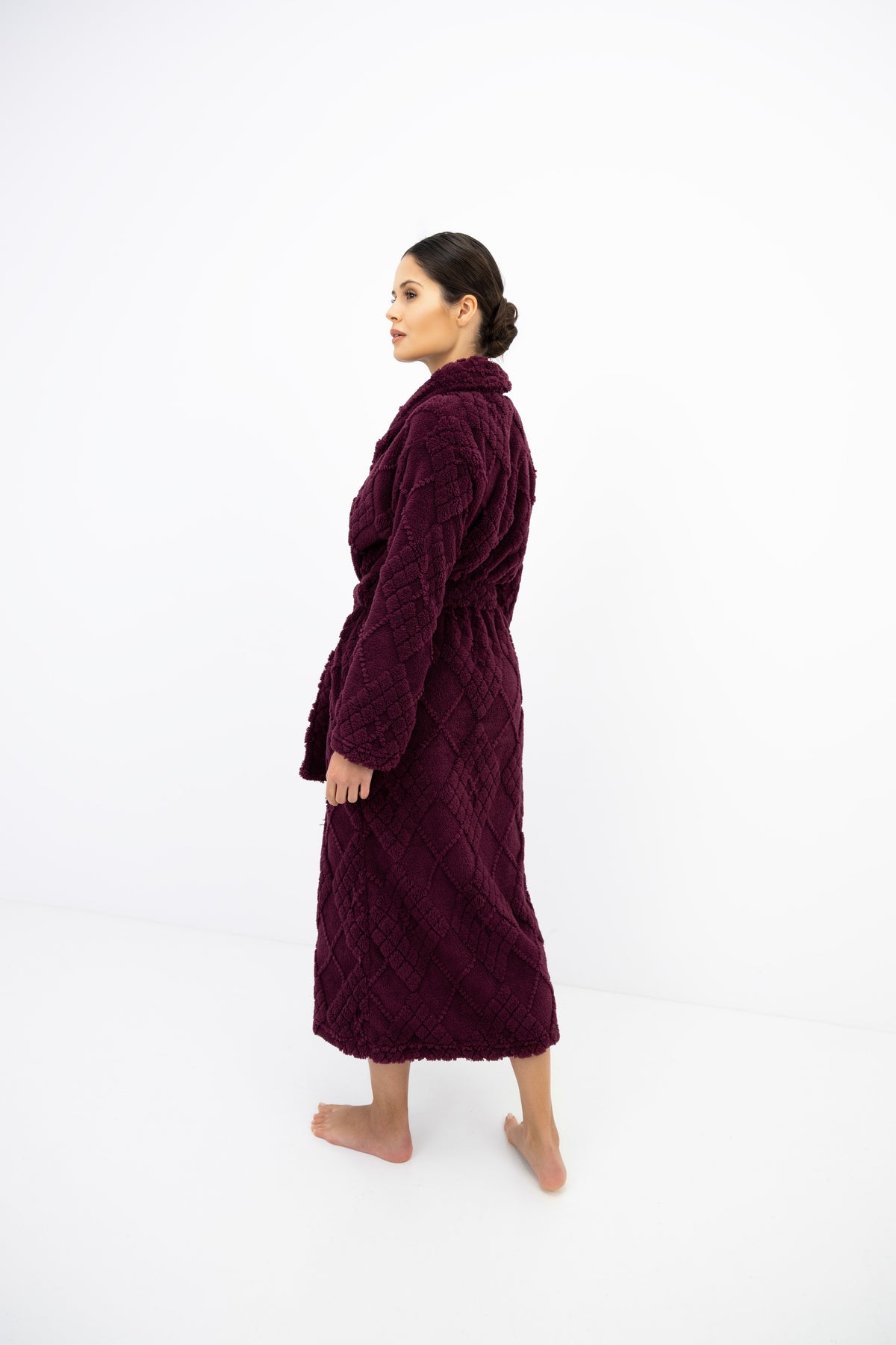 Sensis Rosira Burgundy women's long plush bathrobe showing mid-calf length and textured fabric