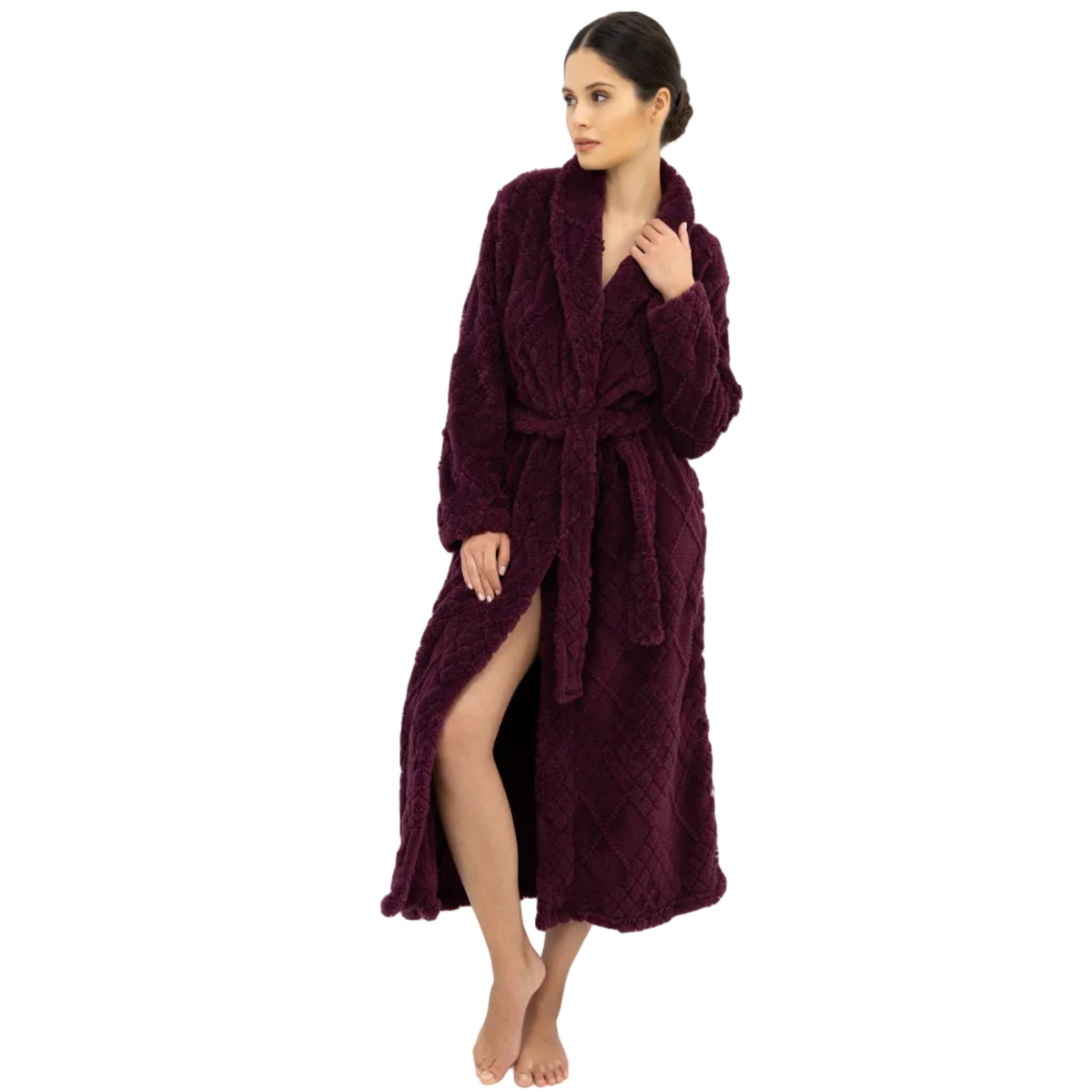 Sensis Rosira Burgundy plush robe featuring raised diamond texture, front pockets and waist tie