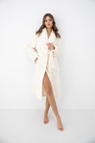 Sensis Solene Ivory women's cozy bathrobe with front pockets and adjustable belt