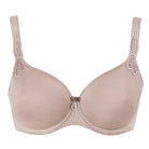 Beige bra with lace trim on a white background