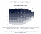 Defy Bra Tank Size Chart with traditional sizing information on a white background