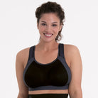 Extreme Control Sports Bra in Black shown on a model from the front showing the cups. 