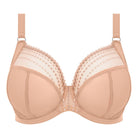 A beige-colored plunge bra with three-piece cups and side support, featuring contemporary bead embroidery and an elasticated neck edge.