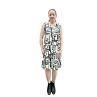 Woman wearing a sleeveless dress with a geometric pattern on a white background