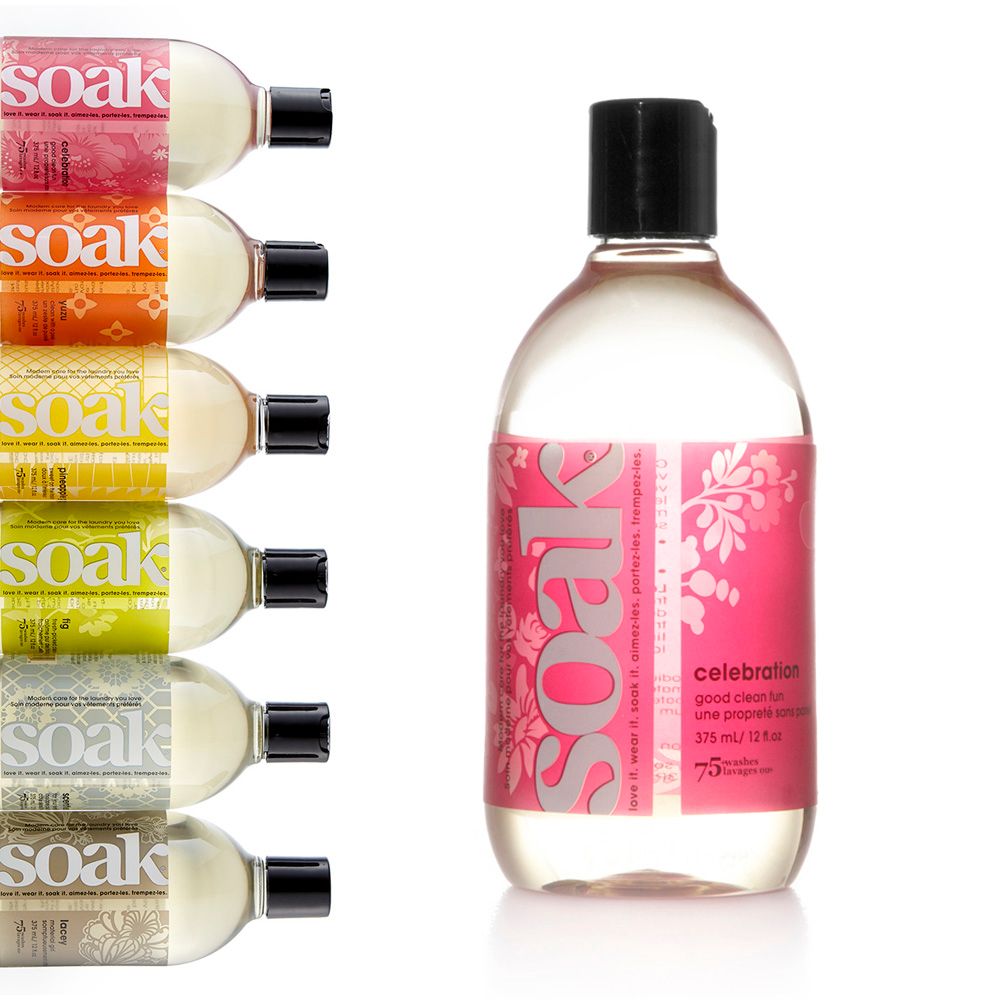 Soak Laundry Wash 12oz bottle shown with all the available scents. 