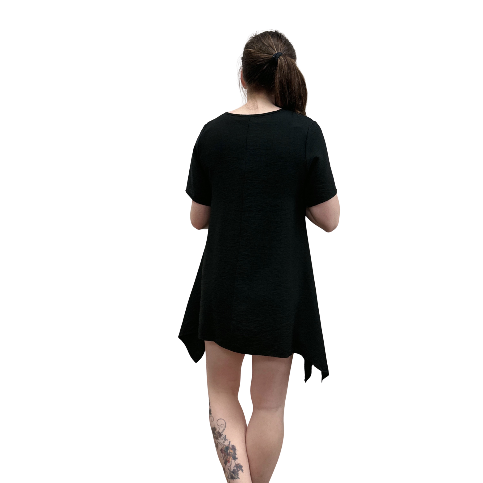 Person wearing a black t-shirt on a white background