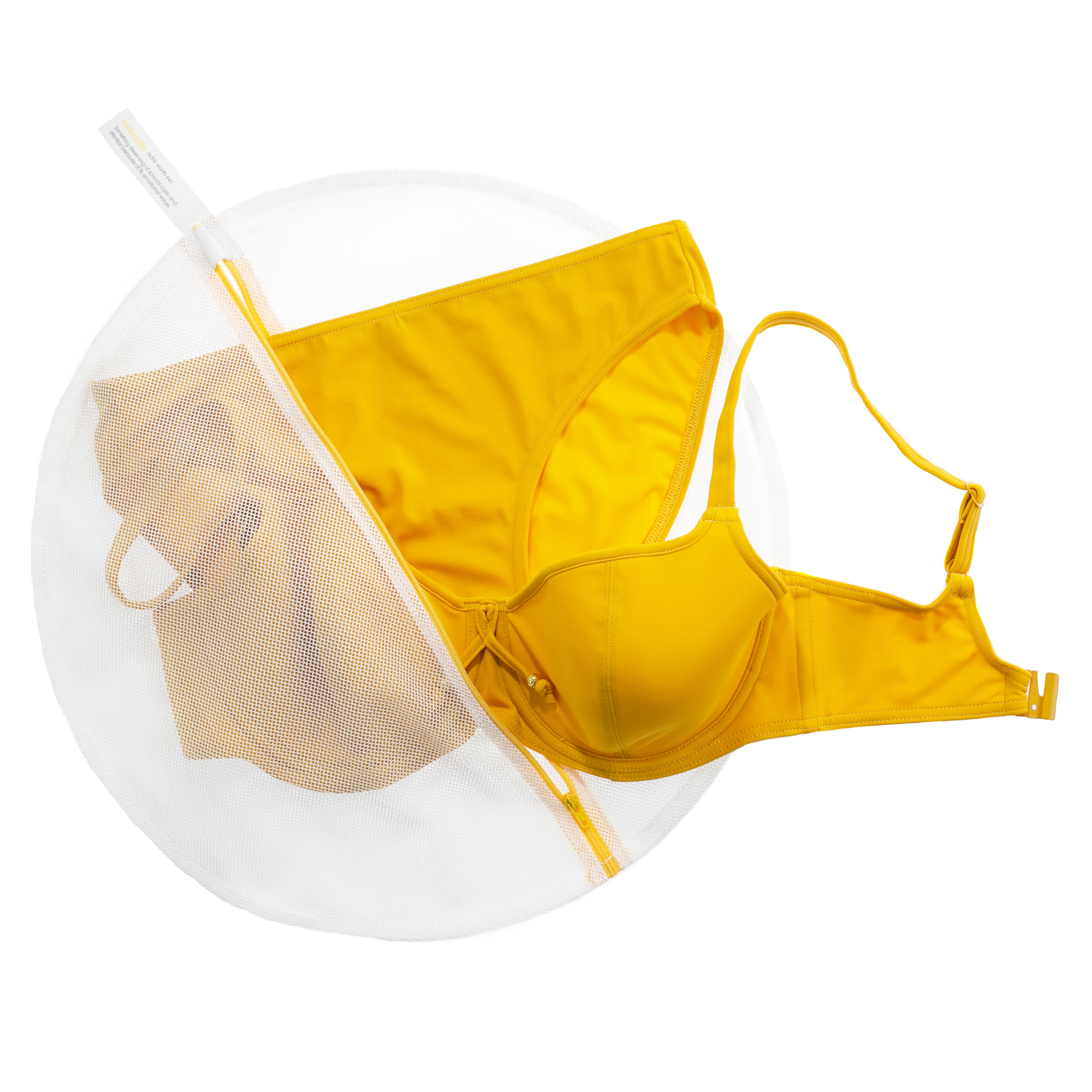 Eco wash bag shown holding a swimsuit. 