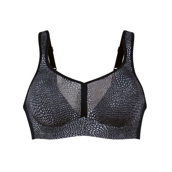 Black patterned sports bra on a white background