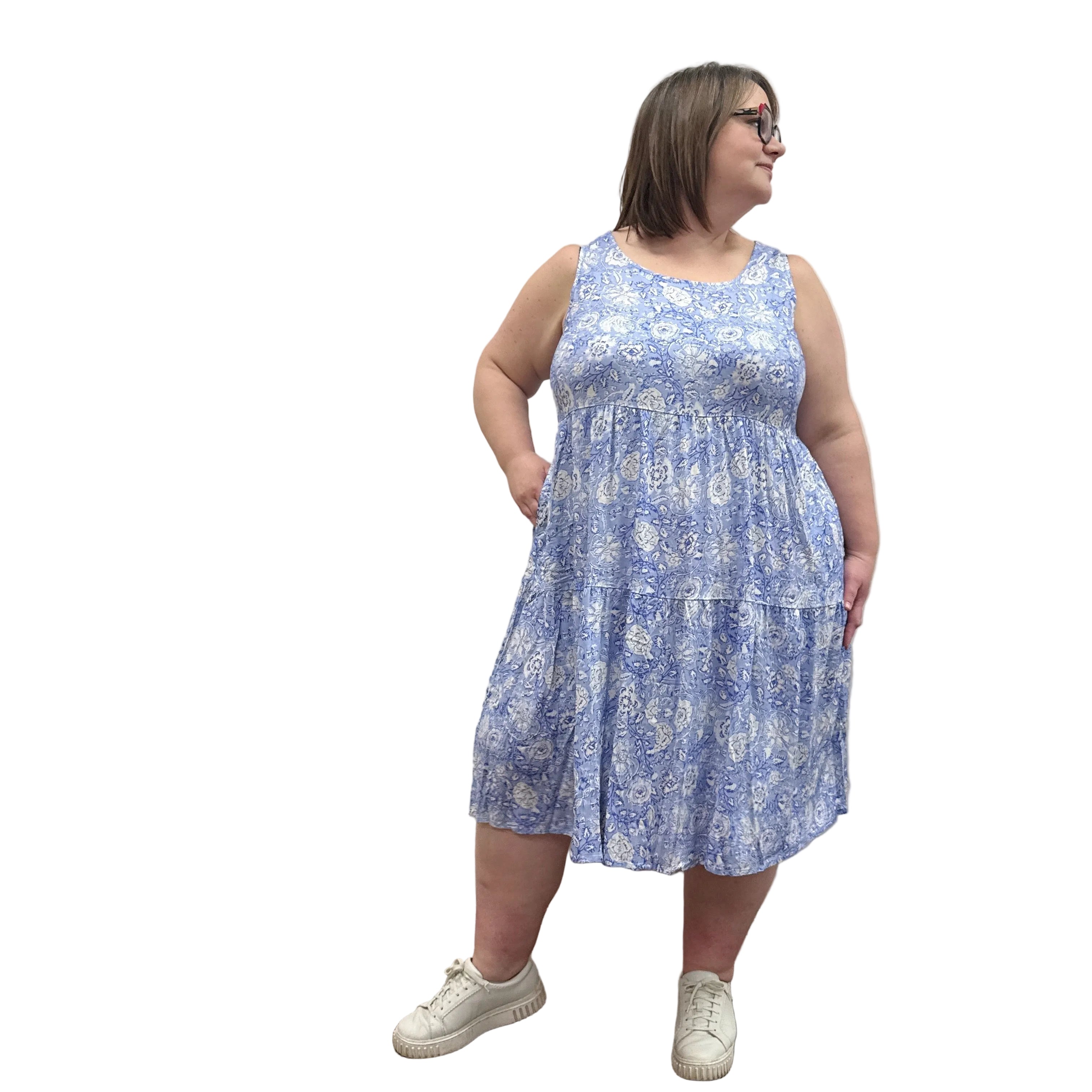 Woman wearing a patterned Blue Sky Juni Teatime Dress on a white background. 