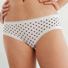 Closer up image of the Blush Micro Hipster in Dots panty on a model, showing the white panty with black polka dots. 