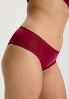 Side View of the Rosewood Dark Red Hipster Panties in soft microfibre fabric with a low rise and lace trim. 