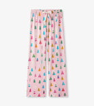 Pink pajama pants with colorful tree pattern on a white background