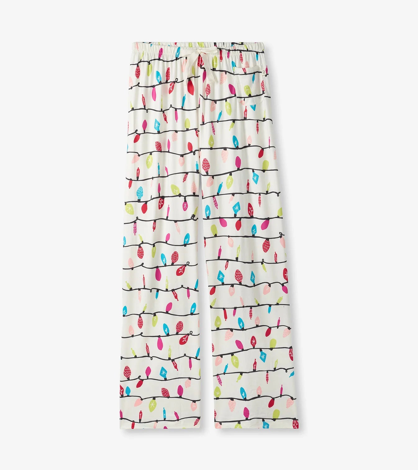 Pajama pants with colorful light bulb pattern on a white background