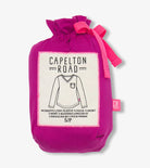 Purple bag with a label for Capelton Road women's long-sleeve V-neck t-shirt on a white background