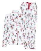 Christmas-themed pajama set with snowmen on a white background