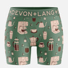 Green boxer briefs with coffee-themed pattern and 'Devon + Lang' branding.