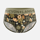 Floral-patterned underwear with 'Devon +Lang' waistband on a white background