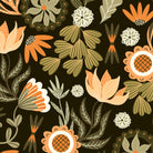 Pattern of autumnal flowers and leaves on a dark background