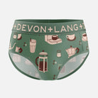 Green underwear with coffee-themed pattern and 'Devon Lang' branding on a white background