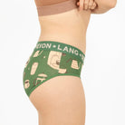 Green underwear with coffee cup pattern and brand name on a white background
