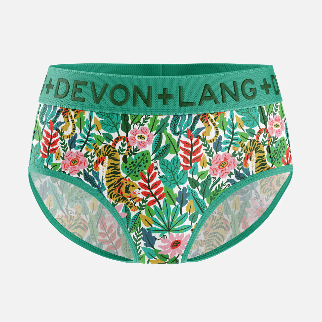 Jungle-themed underwear with floral and animal patterns on a white background