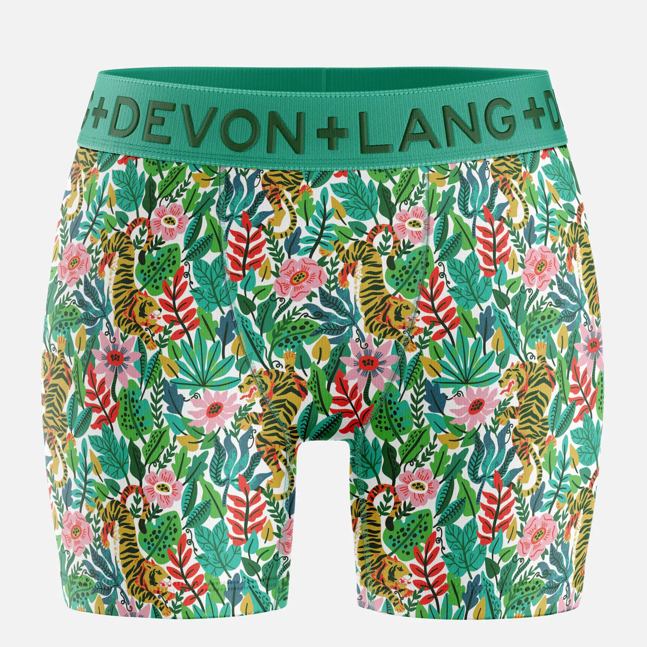 Tropical patterned boxer briefs with green waistband featuring 'Devon + Lang' branding on a white background.