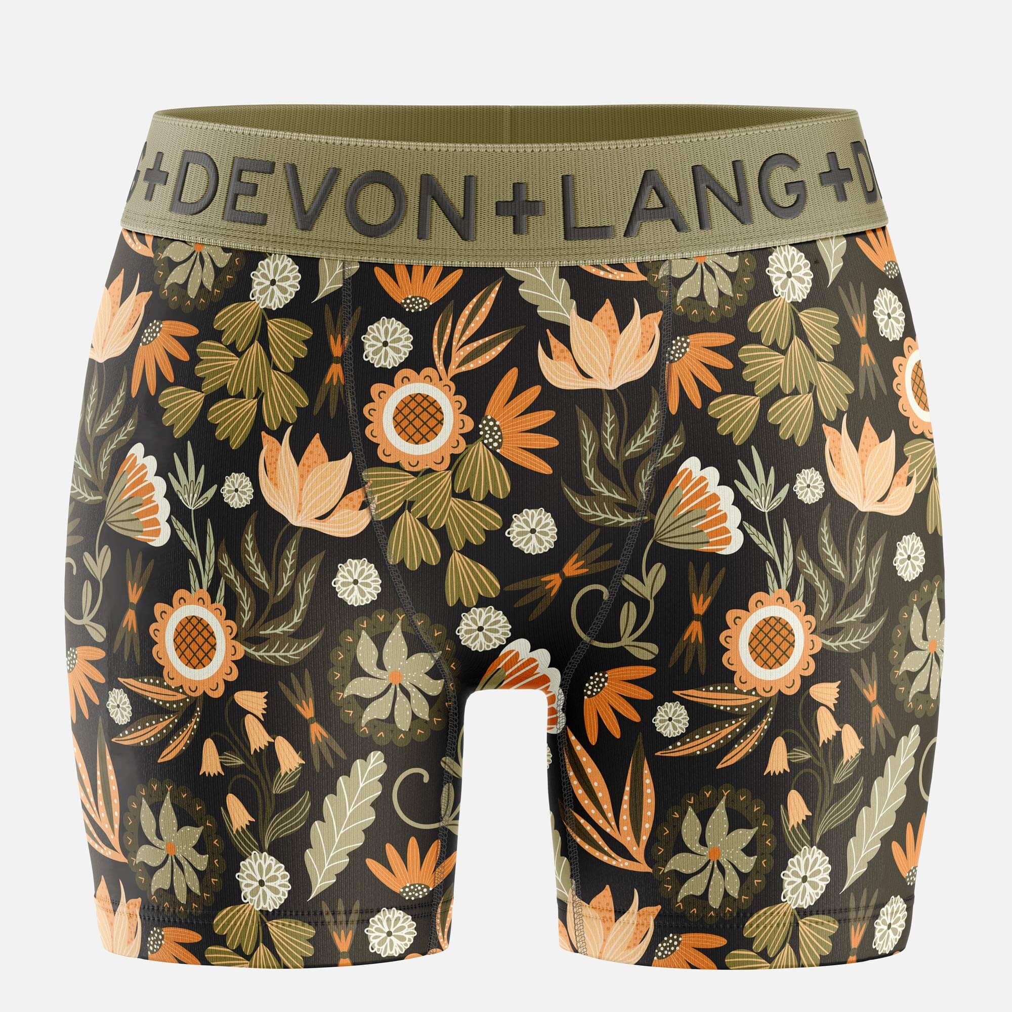 Floral-patterned boxer briefs with a green Devon + Lang waistband on a white background