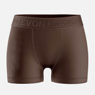 Brown boxer briefs with 'Devon + Lang' waistband on a white background