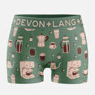 Green boxer briefs with coffee-themed design and 'Devon + Lang' branding on a white background