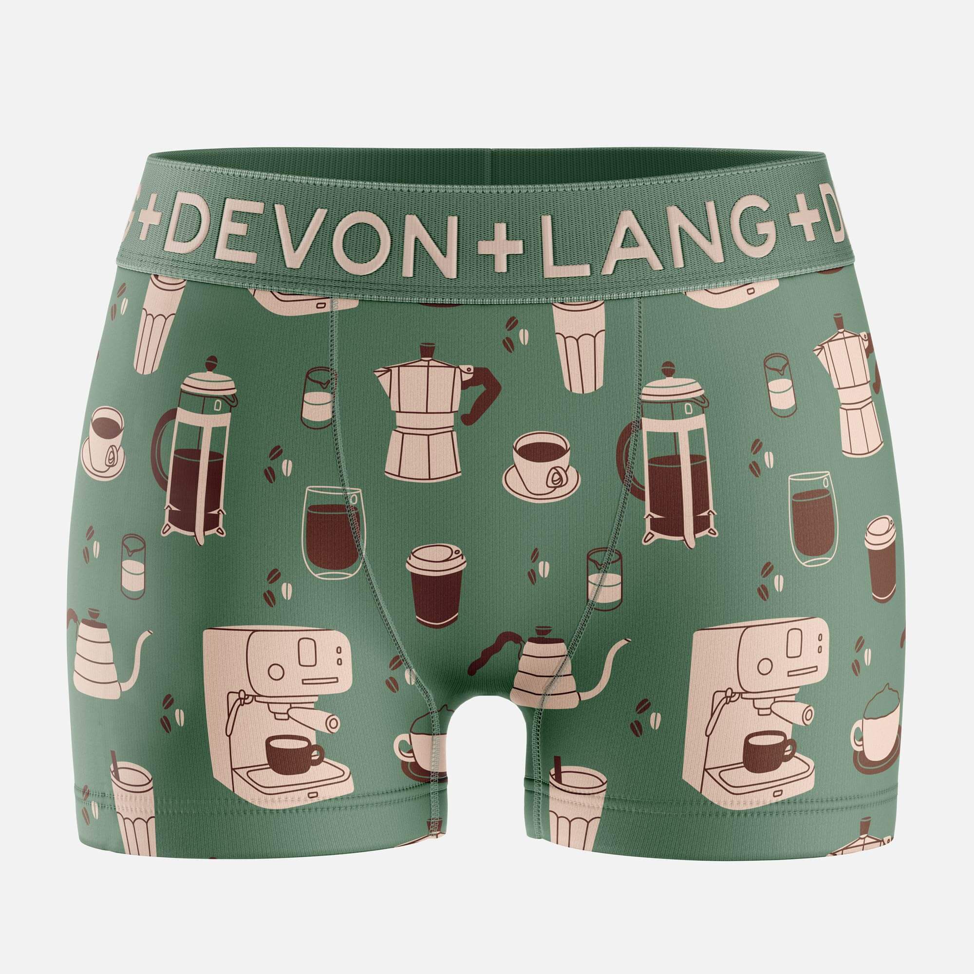 Green boxer briefs with coffee-themed design and 'Devon + Lang' branding on a white background