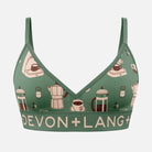 Green bralette with coffee-themed design and 'Devon + Lang' branding on a white background