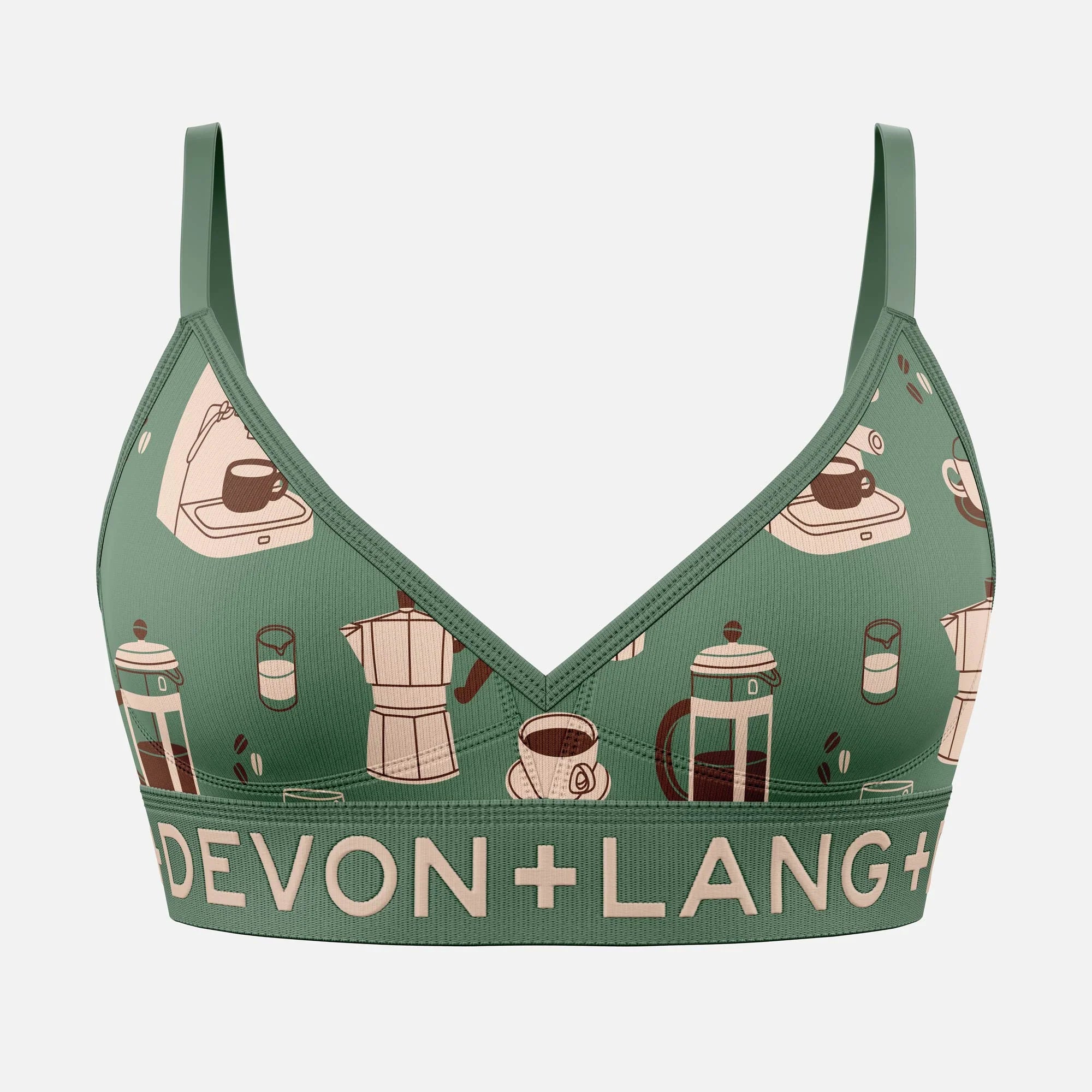 Green bralette with coffee-themed design and 'Devon + Lang' branding on a white background