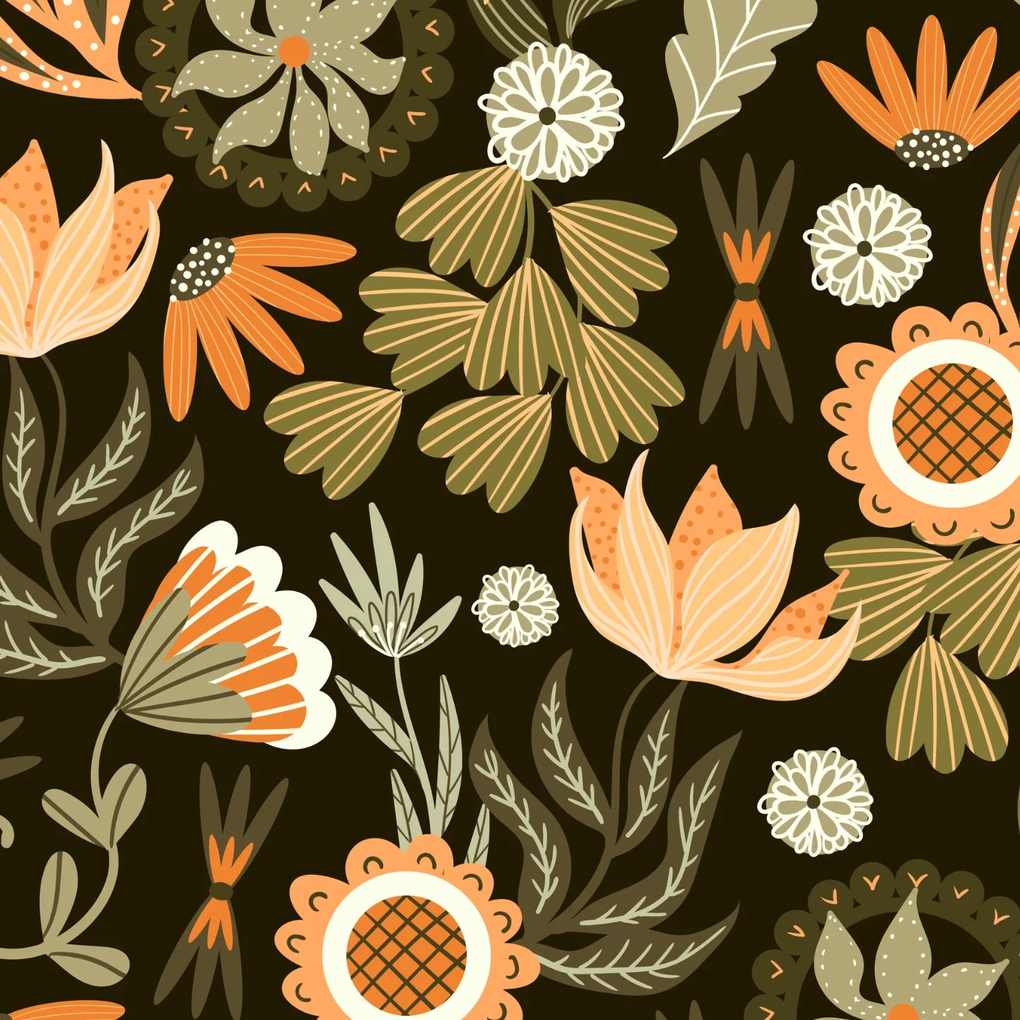 Pattern of autumnal flowers and leaves on a dark background