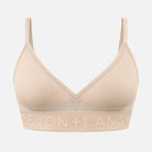 A beige bralette against a white background