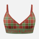 Plaid patterned bralette with 'Devon + Lang' branding on a light gray background