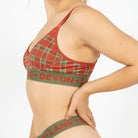 Red and green plaid bra and panties set with 'Lang + Devon' branding on a white background