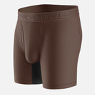 Brown boxer briefs with a brand logo on a light gray background