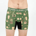 Green boxer briefs with coffee-themed design and 'Devon + Lang' branding.