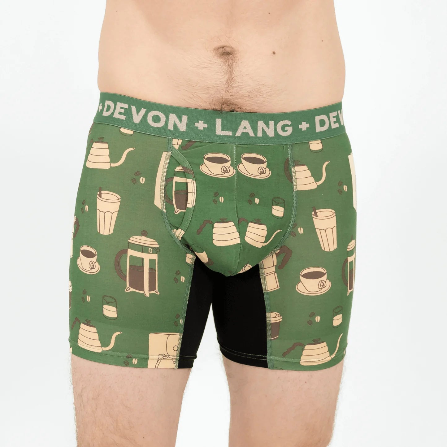 Green boxer briefs with coffee-themed design and 'Devon + Lang' branding.