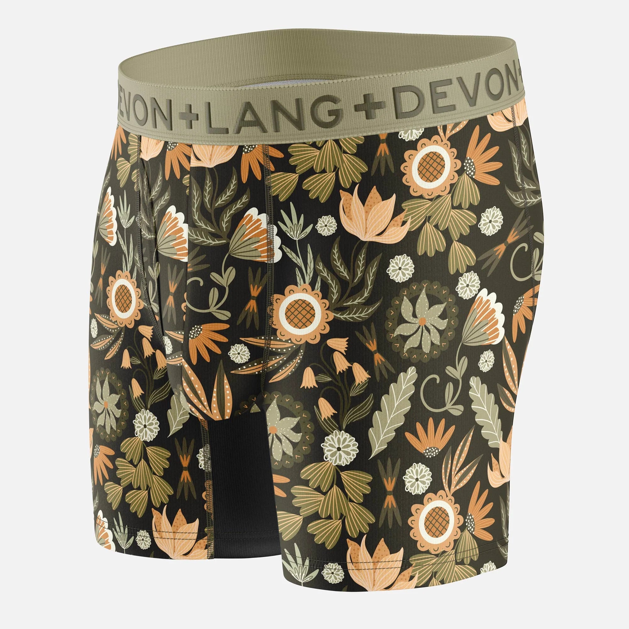 Floral patterned boxer briefs with 'Devon + Lang' waistband on a white background