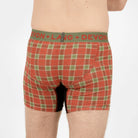 Red plaid boxer briefs with green waistband featuring 'Devon + Lang' brand on a white background.