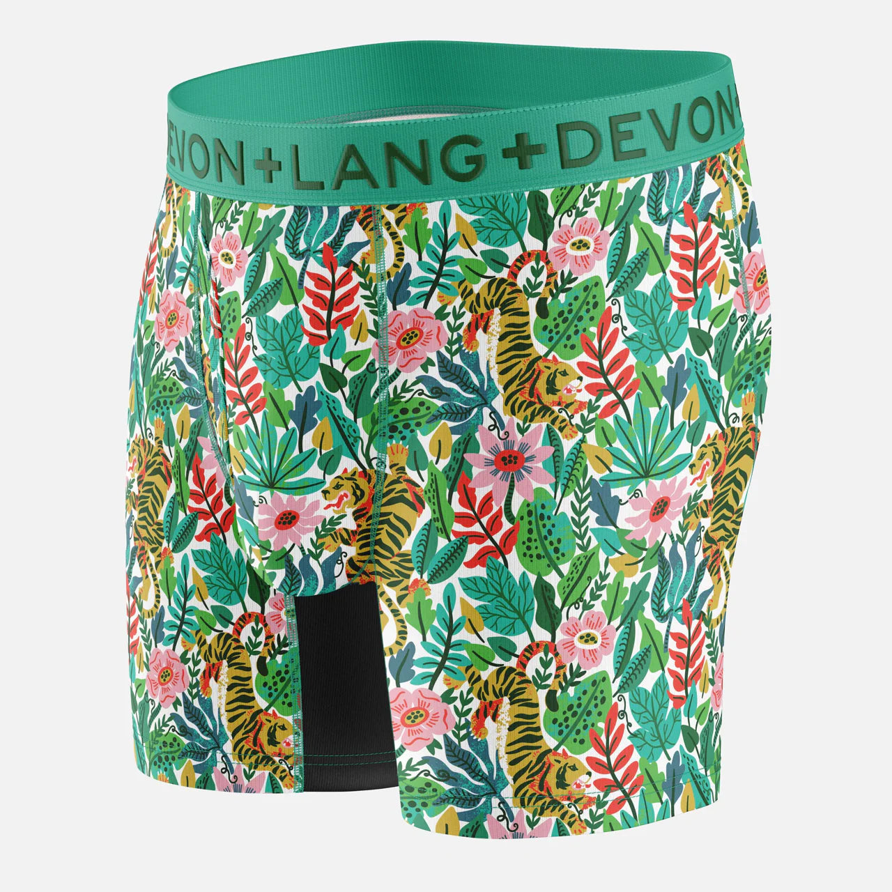 Men's boxer briefs with a tropical leaf and tiger pattern on a white background
