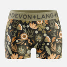 A high-waisted women's underwear with a floral pattern in shades of brown, black, and beige. The brand 'devon + lang' is visible on the waistband.