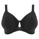 A black bra with seamless moulded cups and floral lace details.