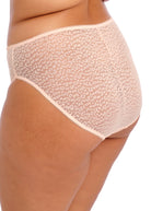 Blush pink lace underwear on a white background