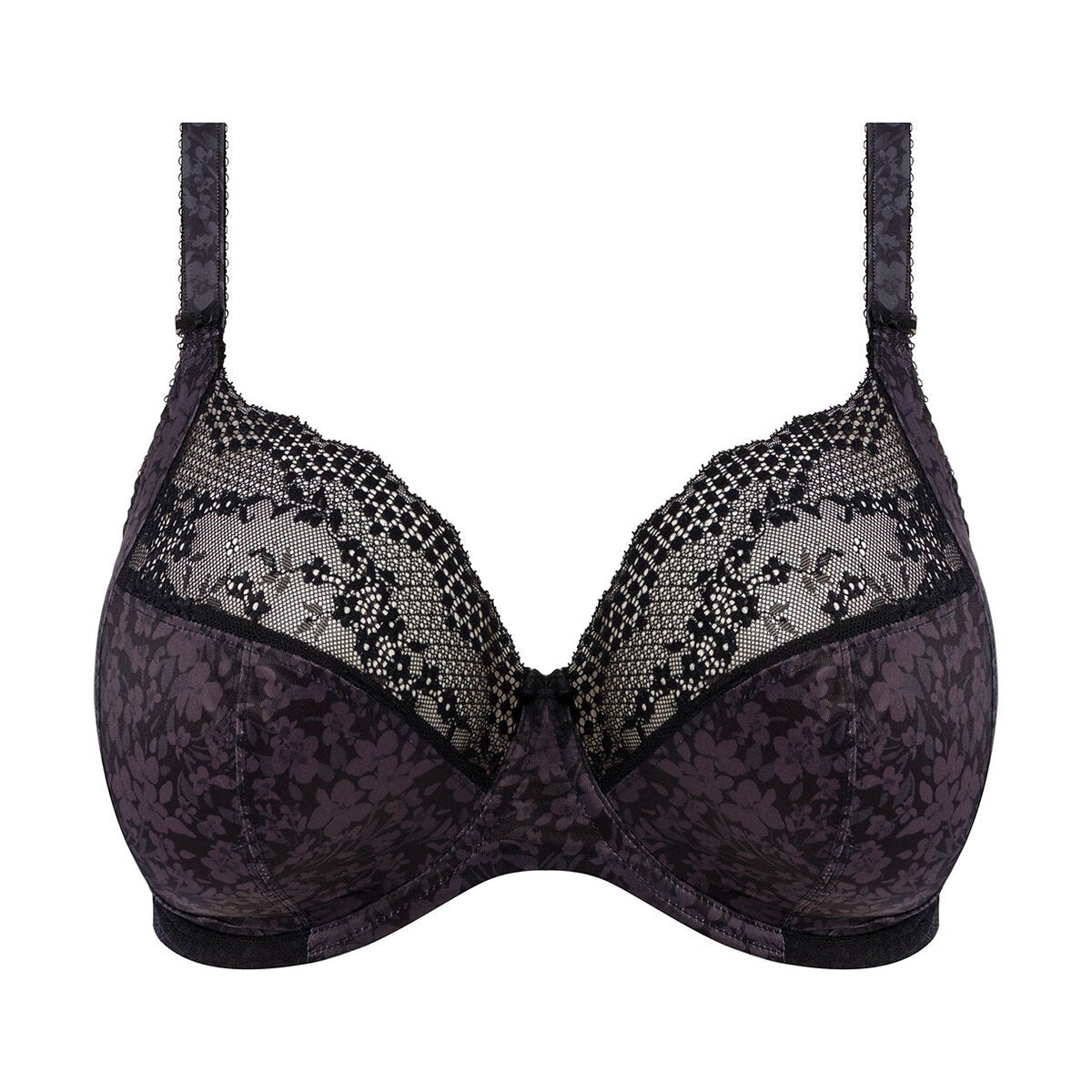 Black lace floral bra against a white background. 