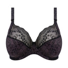 Black lace floral bra against a white background. 