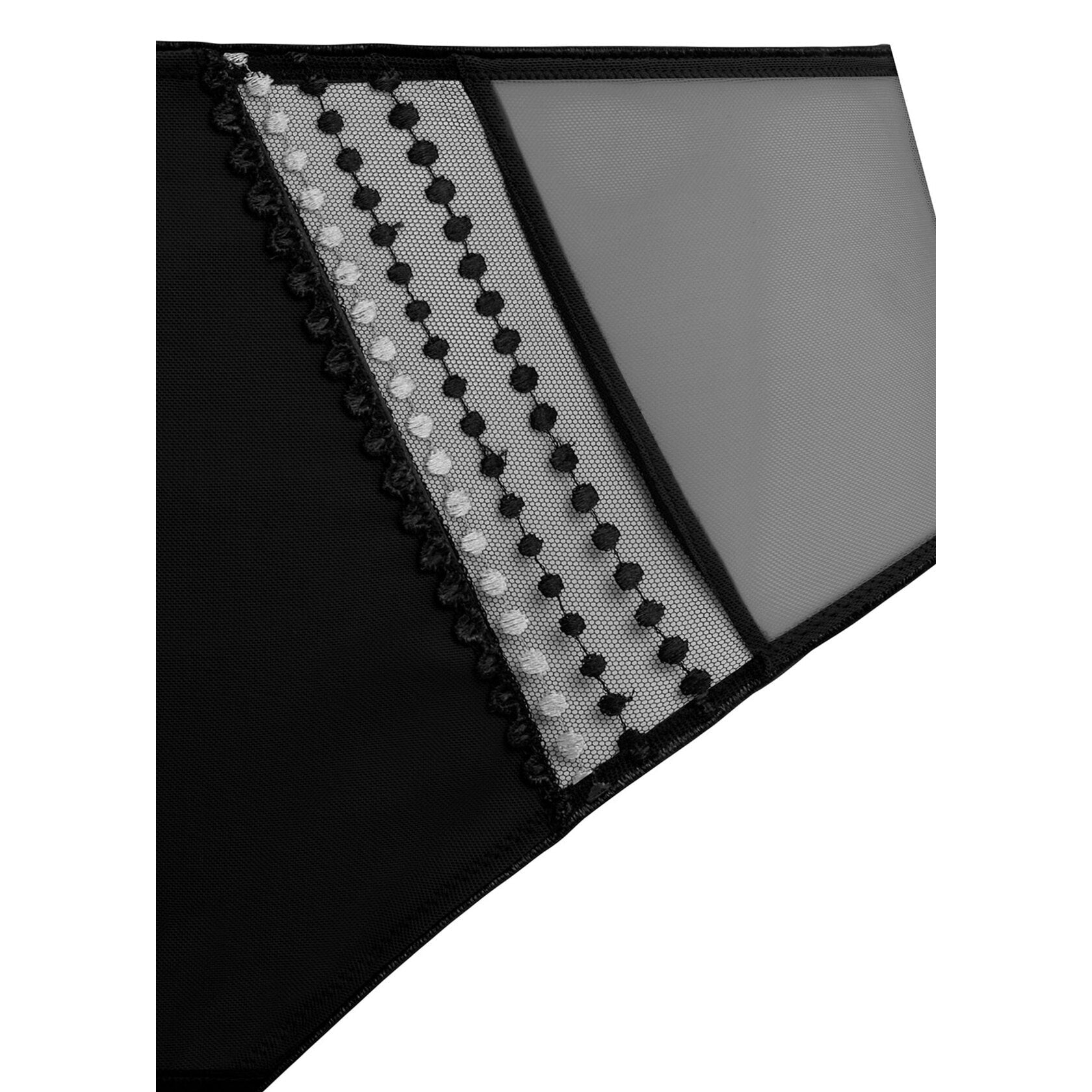 Close up of a black mesh panty with black and white trim details. 